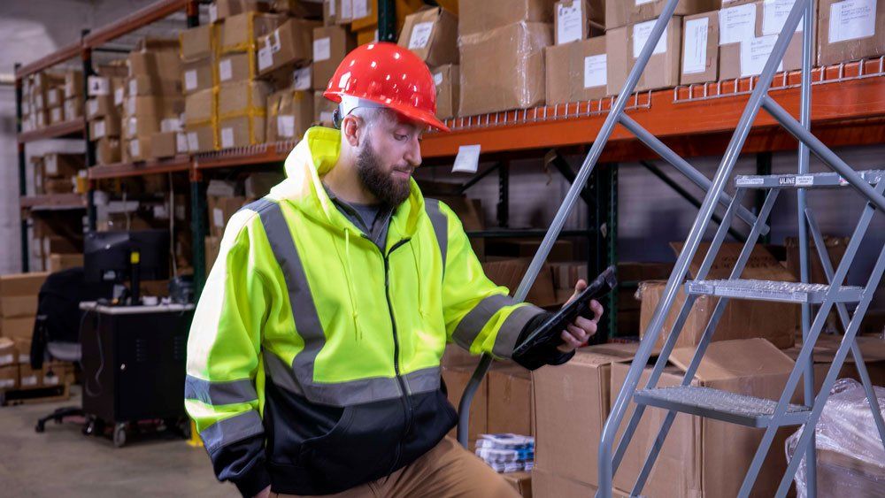 worker holding tablet stands on steps in warehouse