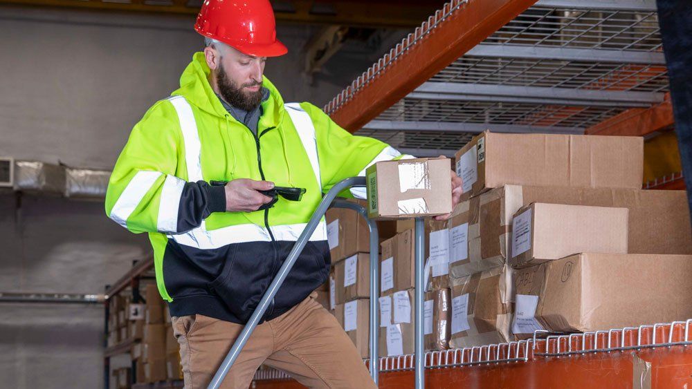 worker on ladder in warehouse scanning boxes