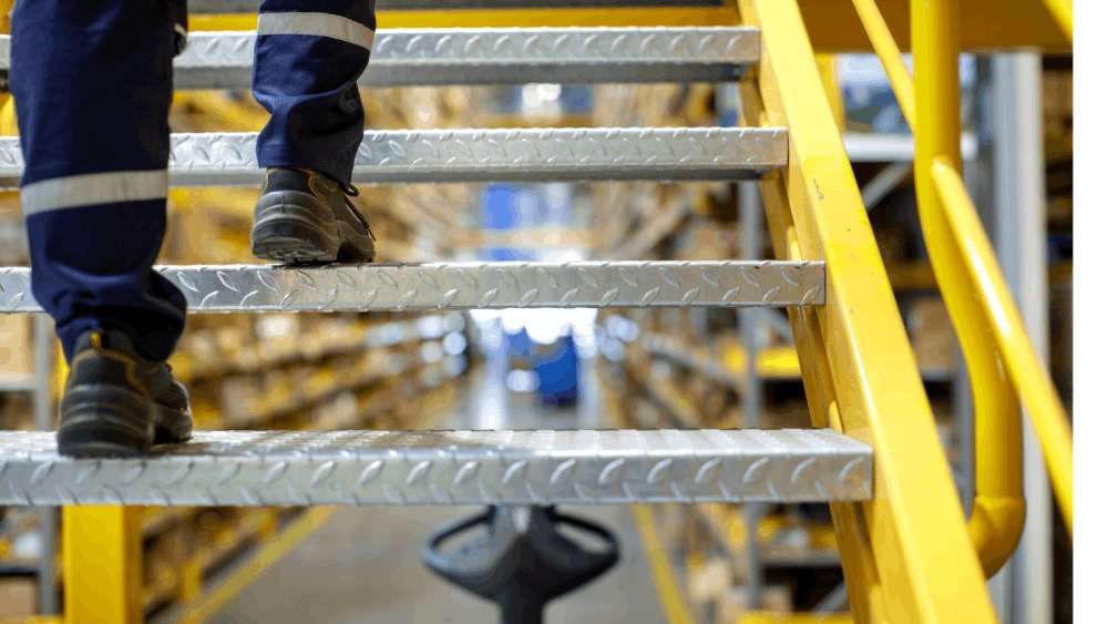 Warehouse worker stepping on a stairs