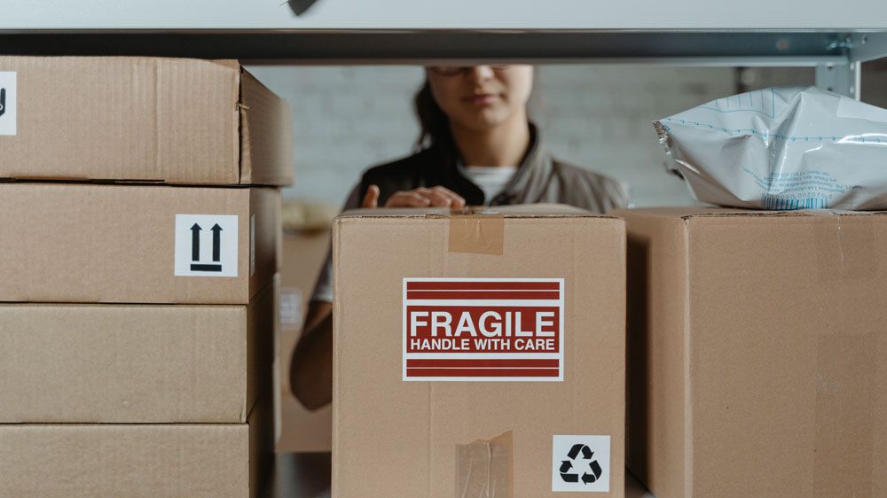 girl worker removing fragile box from private warehouse