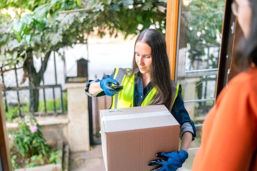 A long hair woman with blue gloves use a mobile phone to scan the package