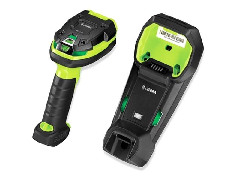 two black and green Zebra DS3600-ER barcode scanner