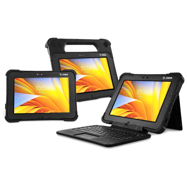Three black Zebra L10ax Windows rugged tablet with handle and keyboard