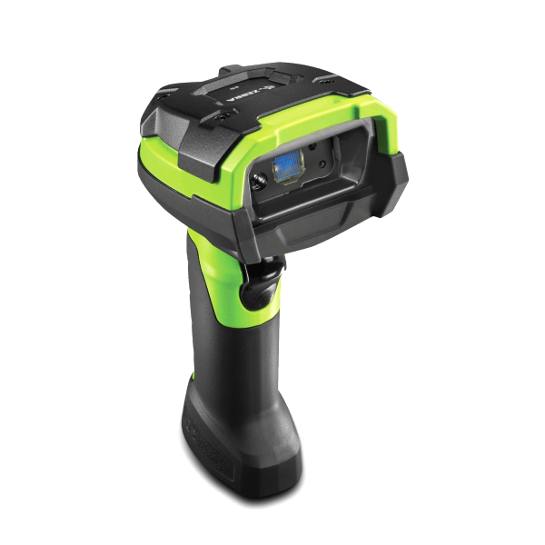 Zebra DS3678-SR barcode scanner green and black, right facing