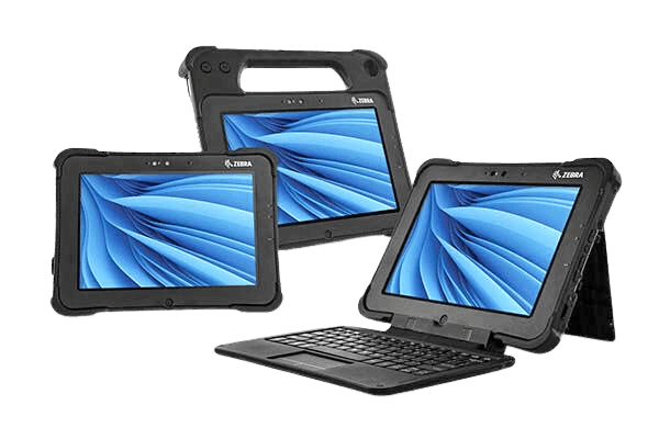 Three Zebra L10ax windows rugged tablet with keyboard and handle