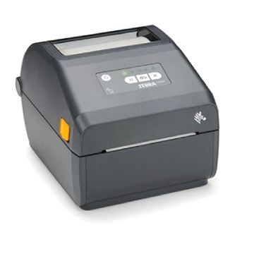 dark gray cartridge desktop printer with ribbon loaded facing right