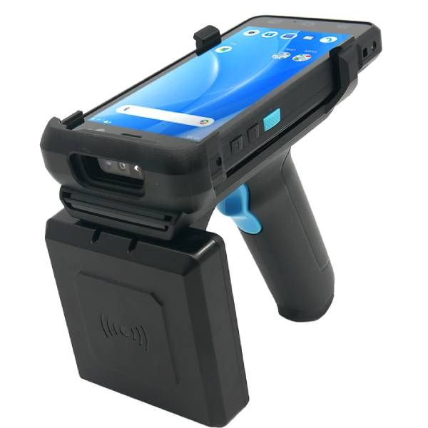 Black Unitech RG760 UHF RFID Gun Grip sled with phone