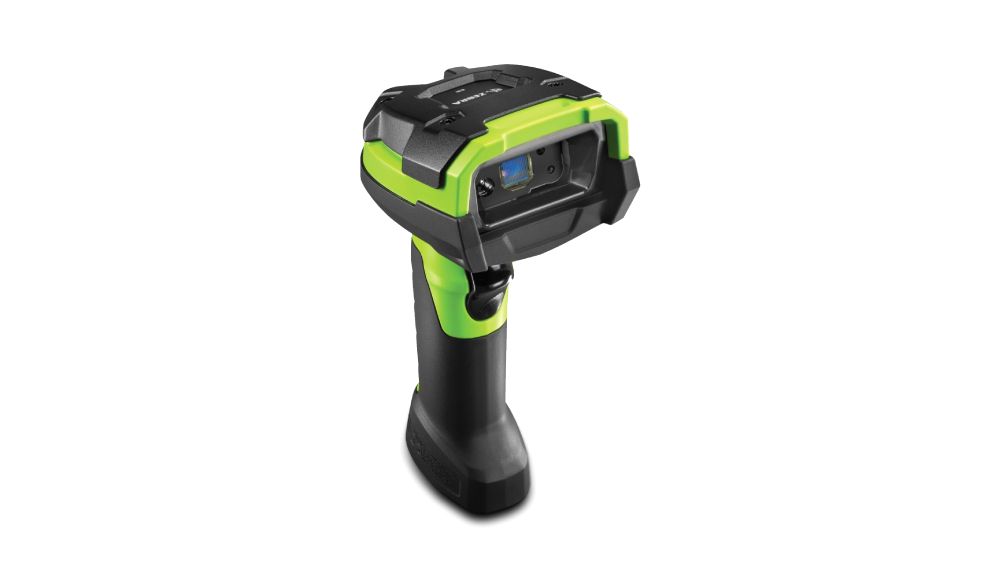 Black with green Zebra DS3600-ER Ultra-Rugged Scanner facing right