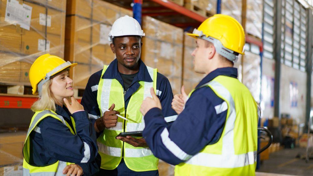 workers who are discussing together inside the warehouse