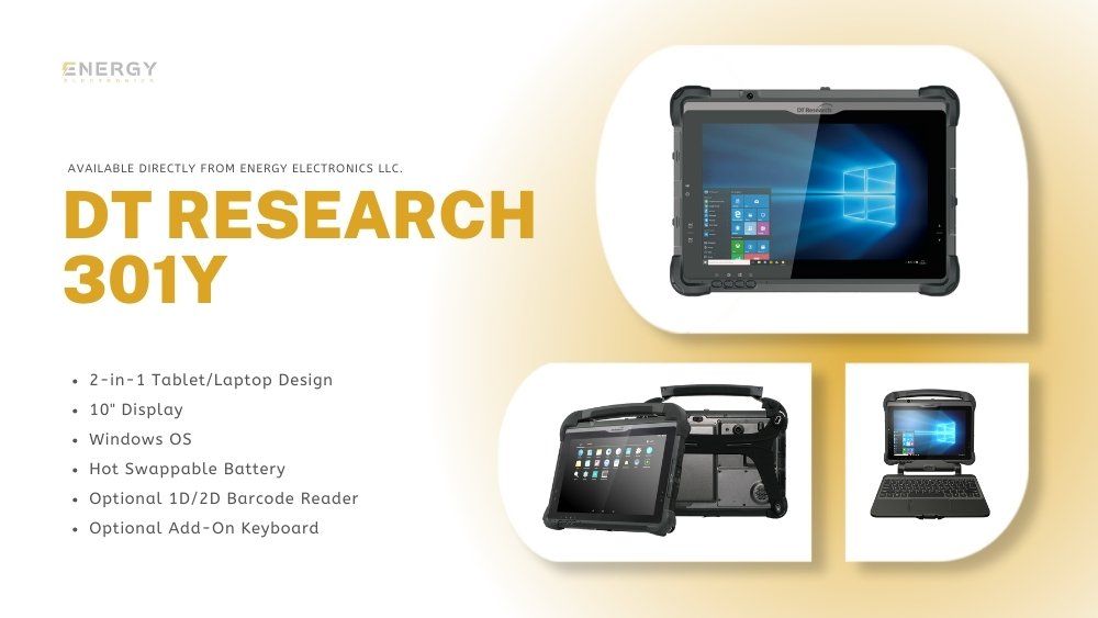 DT Research 301Y Tablet back view with battery pack and specs