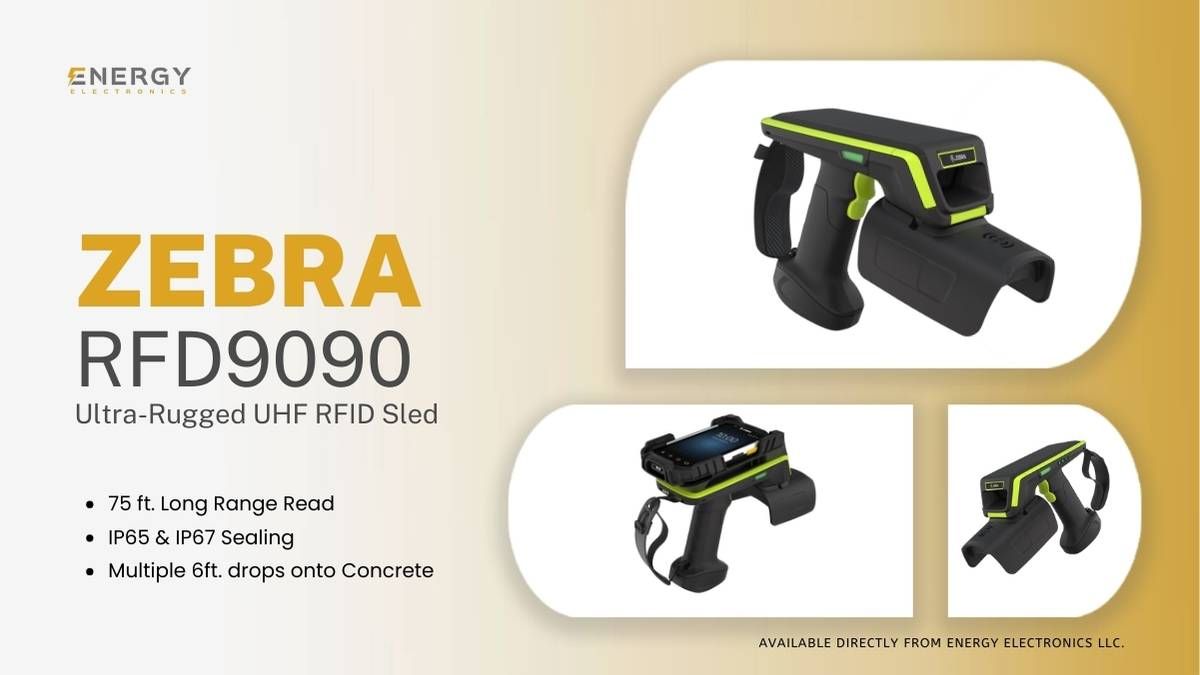 Zebra RFD9090 ultra rugged UHF RFID sled top and side views